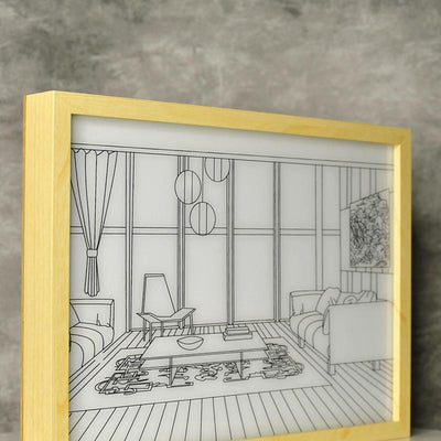 Mayii Illuminated Hall Room Frame – LED Landscape Photo Frame with Sofas, Carpet & Balcony for Chic Home Decor