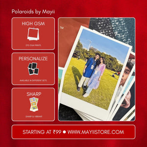 Stack of custom polaroid prints by Mayii featuring vibrant, sharp photos on high GSM paper