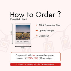 How to order custom polaroid prints by Mayii with steps to customize, upload images, and checkout