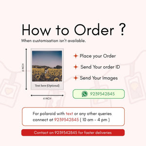 Mayii custom polaroid prints ordering instructions with image size details and contact information