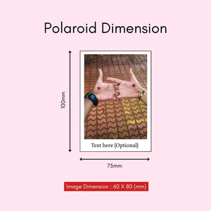 Mayii custom polaroid prints showing dimensions of 100mm by 75mm with optional text area