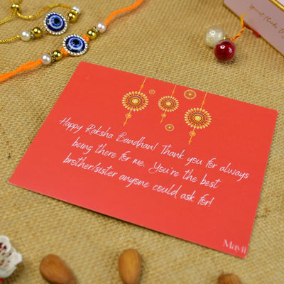 Mayii Exquisite Evil Eye Rakhi Pack of 2 with Roli Chawal and Greeting card combo for Raksha Bandhan and Gifting