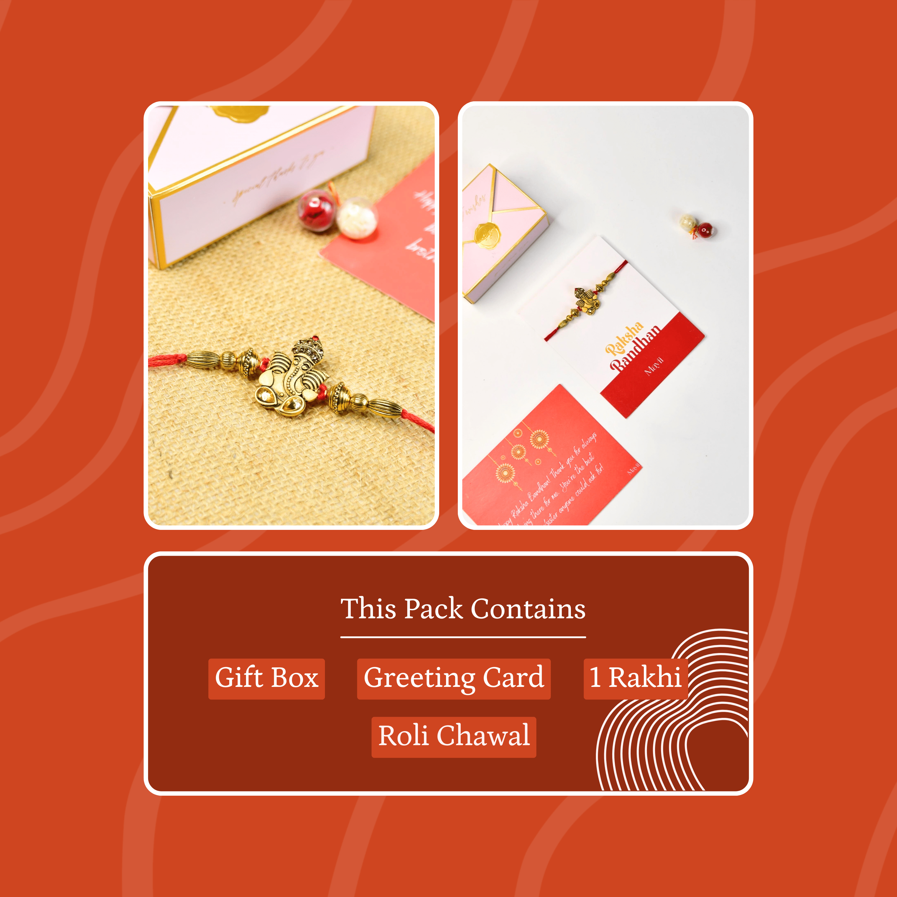 Mayii Exquisite Golden Ganesha Rakhi Pack of 1 with Roli Chawal and Greeting card combo for Raksha Bandhan and Gifting - Mayii - Mayii