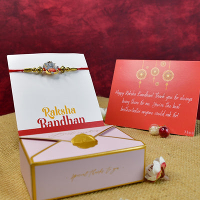 Mayii Exquisite Grey Ganesha Rakhi Pack of 1 with Roli Chawal and Greeting card combo for Raksha Bandhan and Gifting