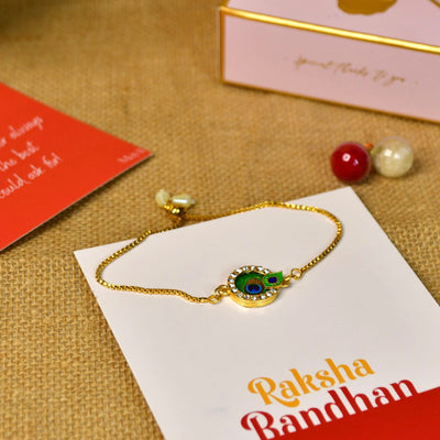 Mayii Exquisite Peacock Rakhi Pack of 1 with Roli Chawal and Greeting card combo for Raksha Bandhan and Gifting