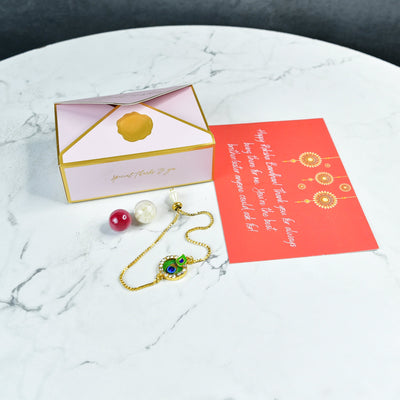 Mayii Exquisite Peacock Rakhi Pack of 1 with Roli Chawal and Greeting card combo for Raksha Bandhan and Gifting