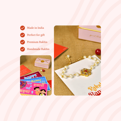 Mayii Exquisite Pearl Rakhi Pack of 1 with Roli Chawal and Greeting card combo for Raksha Bandhan and Gifting