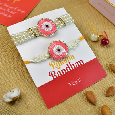 Mayii Exquisite Pink Circle Rakhi Pack of 2 with Roli Chawal and Greeting card combo for Raksha Bandhan and Gifting