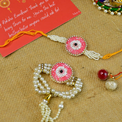 Mayii Exquisite Pink Circle Rakhi Pack of 2 with Roli Chawal and Greeting card combo for Raksha Bandhan and Gifting
