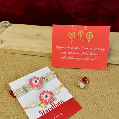 Mayii Exquisite Pink Circle Rakhi Pack of 2 with Roli Chawal and Greeting card combo for Raksha Bandhan and Gifting