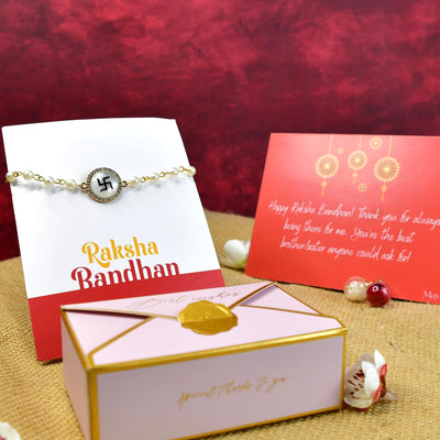 Mayii Exquisite Swastik Rakhi Pack of 1 with Roli Chawal and Greeting card combo for Raksha Bandhan and Gifting image 3