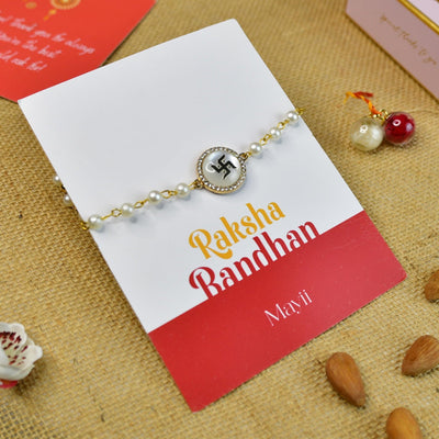 Mayii Exquisite Swastik Rakhi Pack of 1 with Roli Chawal and Greeting card combo for Raksha Bandhan and Gifting