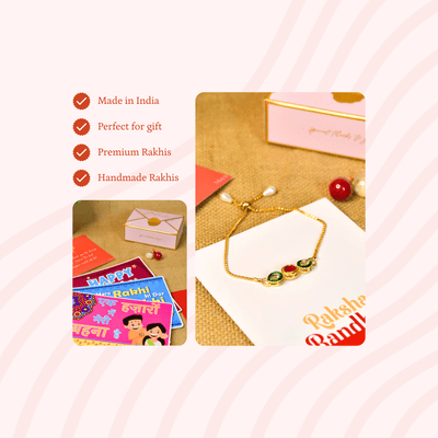 Mayii Exquisite Tri Red Green Rakhi Pack of 1 with Roli Chawal and Greeting card combo for Raksha Bandhan and Gifting