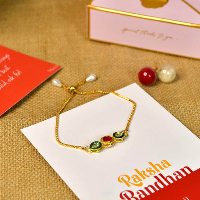 Mayii Exquisite Tri Red Green Rakhi Pack of 1 with Roli Chawal and Greeting card combo for Raksha Bandhan and Gifting