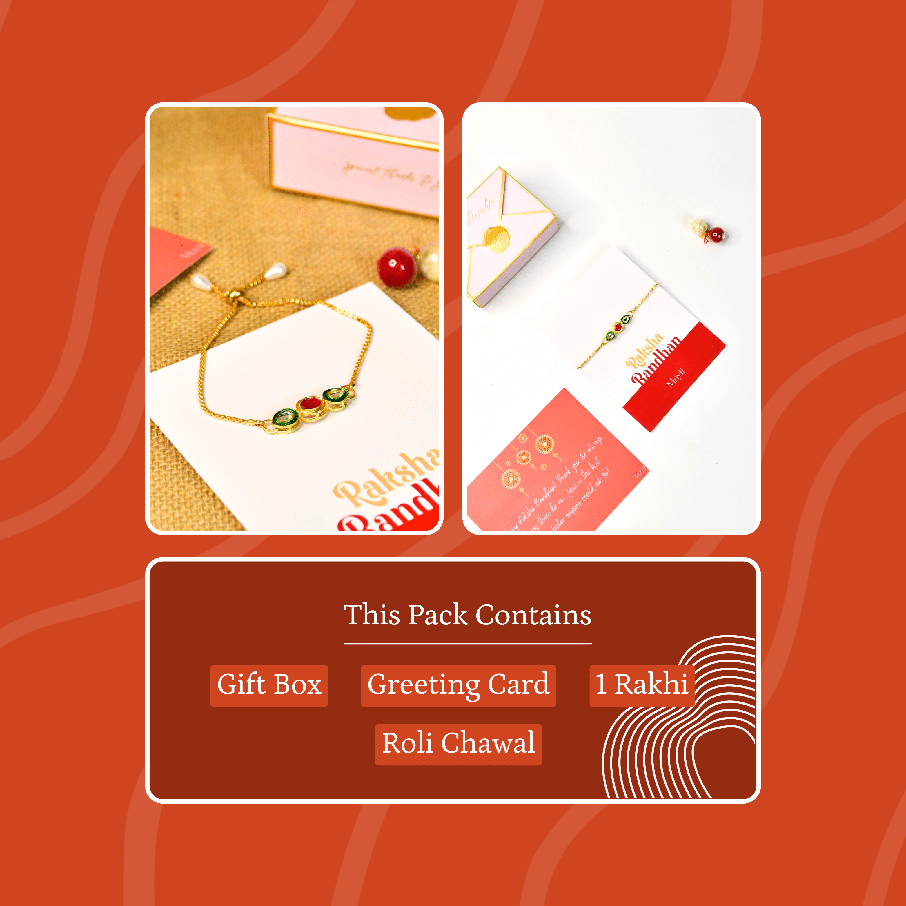Mayii Exquisite Tri Red Green Rakhi Pack of 1 with Roli Chawal and Greeting card combo for Raksha Bandhan and Gifting - Mayii - Mayii