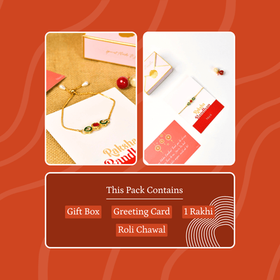 Mayii Exquisite Tri Red Green Rakhi Pack of 1 with Roli Chawal and Greeting card combo for Raksha Bandhan and Gifting