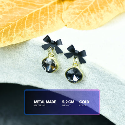 MAYII - Gold Black Stainless Steel Crystal Ribbon Earrings - One Size
