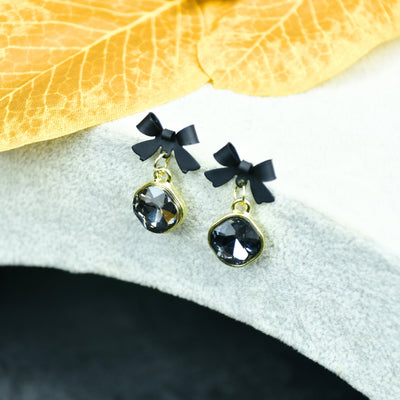 MAYII - Gold Black Stainless Steel Crystal Ribbon Earrings - One Size