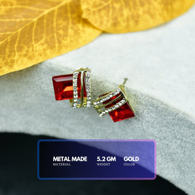 MAYII - Gold Red Stainless Steel Crystal Lining Earrings - One Size