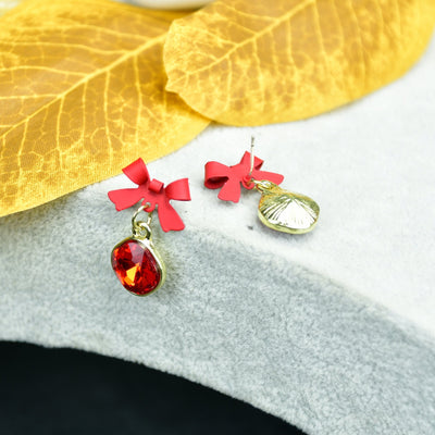 MAYII - Gold Red Stainless Steel Crystal Ribbon Earrings - One Size