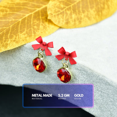 MAYII - Gold Red Stainless Steel Crystal Ribbon Earrings - One Size