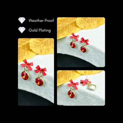 MAYII - Gold Red Stainless Steel Crystal Ribbon Earrings - One Size