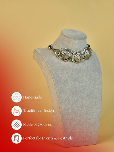 Mayii Handcrafted German Silver Choker: Floral & Triangle Design