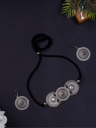 Mayii Handcrafted German Silver Choker: Triple Floral Design