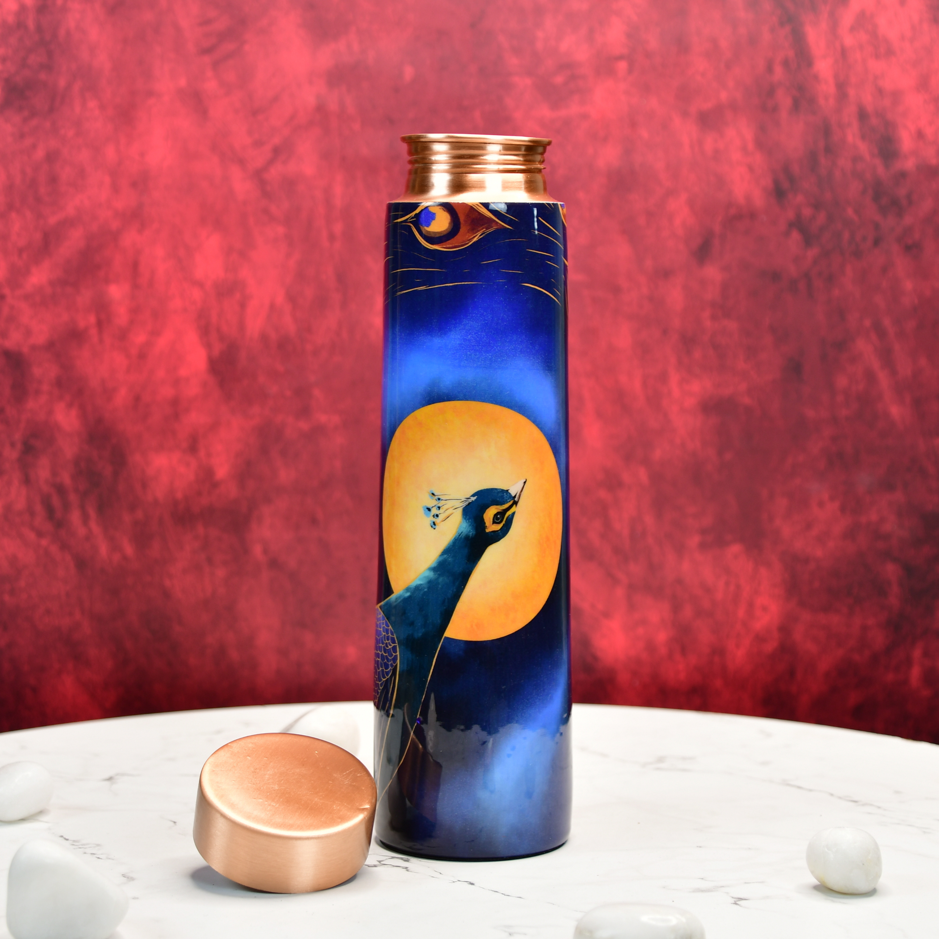 Mayii - Lunar-themed Copper bottle with peacock motif