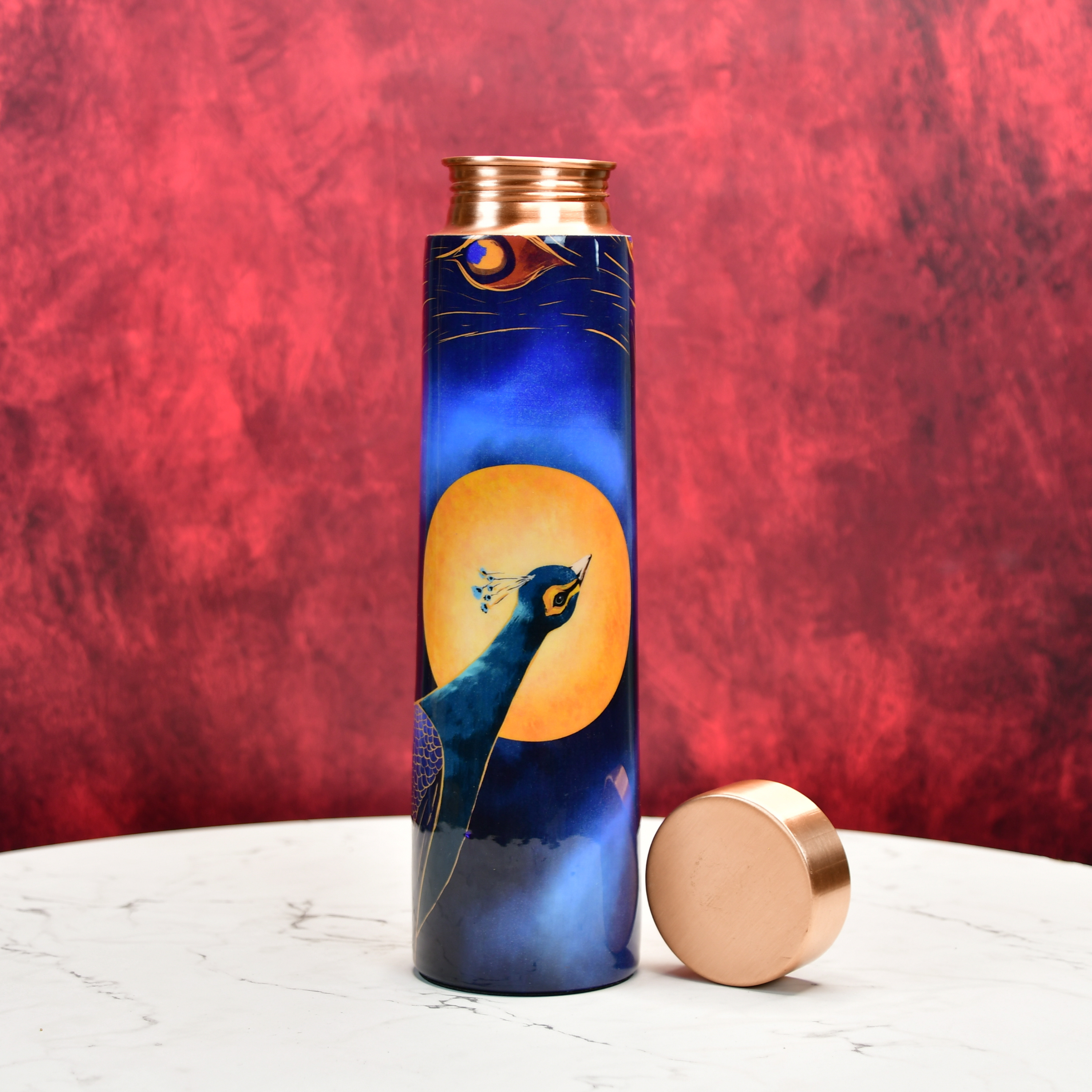 Mayii - Lunar-themed Copper bottle with peacock motif