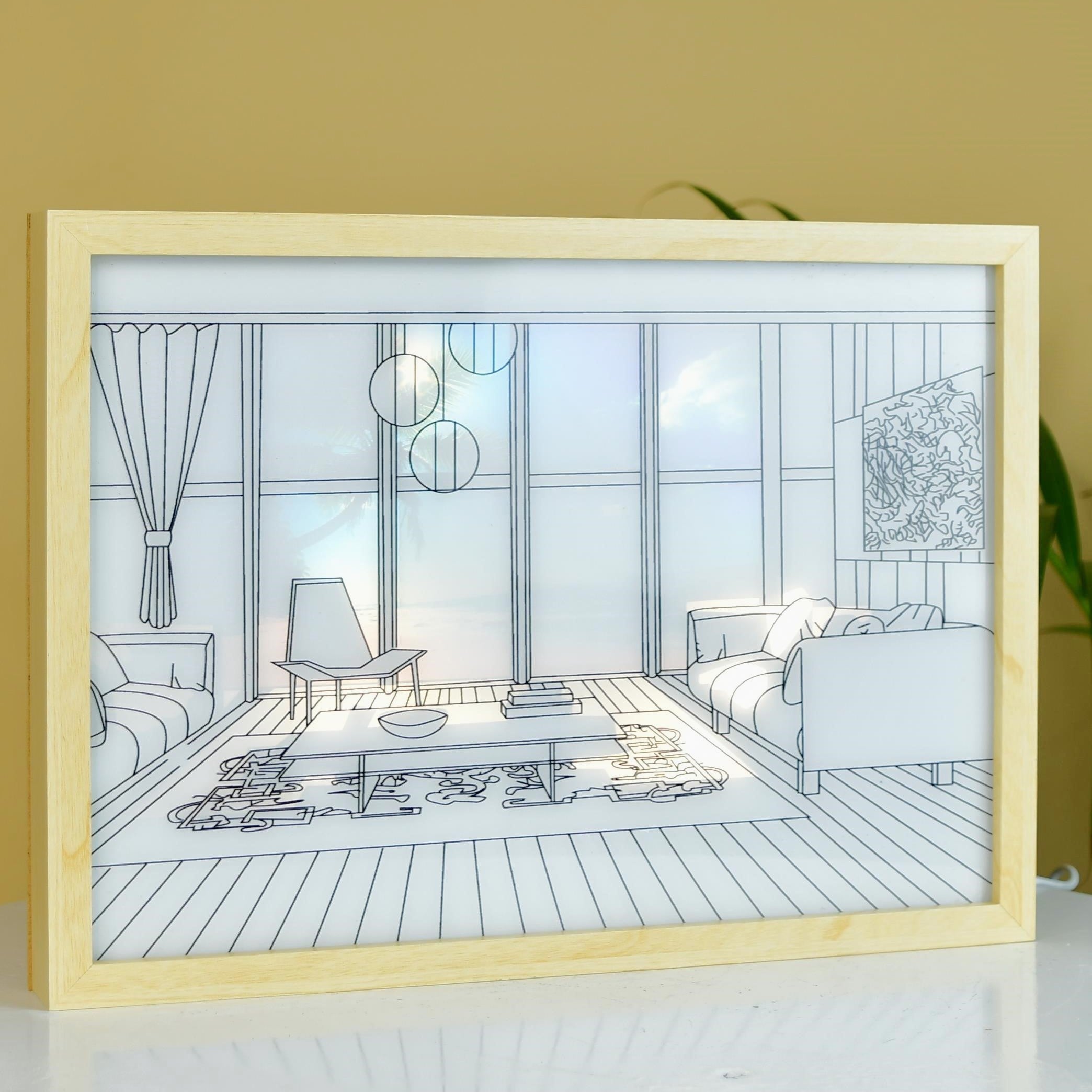 Mayii Illuminated Hall Room Frame – LED Landscape Photo Frame with Sofas, Carpet & Balcony for Chic Home Decor
