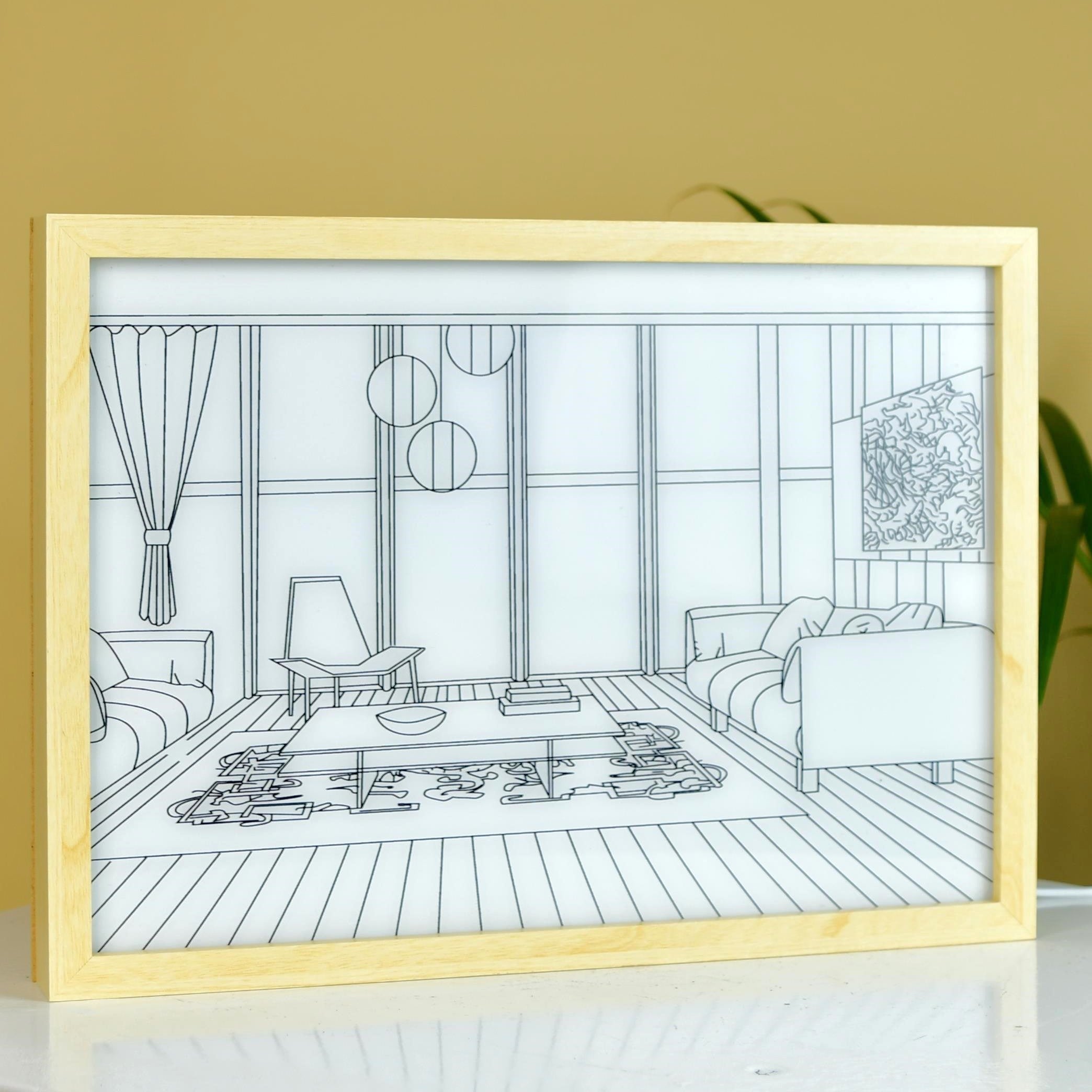 Mayii Illuminated Hall Room Frame – LED Landscape Photo Frame with Sofas, Carpet & Balcony for Chic Home Decor