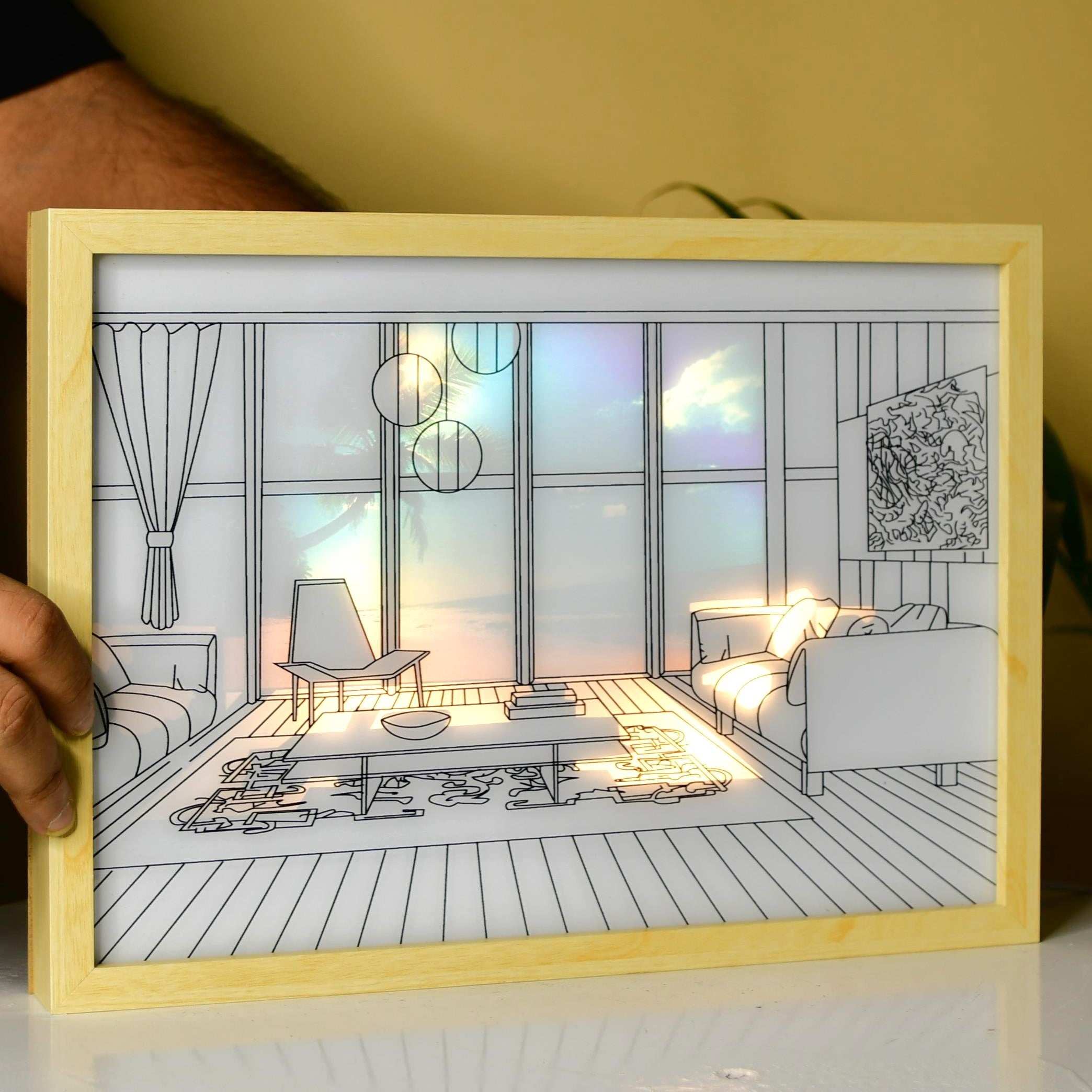 Mayii Illuminated Hall Room Frame – LED Landscape Photo Frame with Sofas, Carpet & Balcony for Chic Home Decor