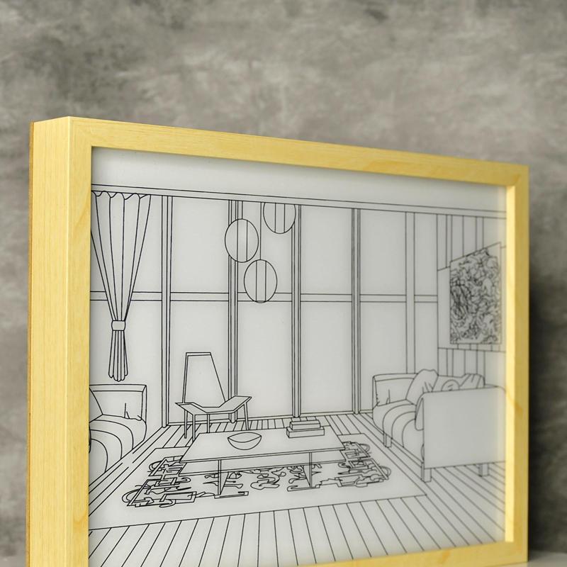 Mayii Illuminated Hall Room Frame – LED Landscape Photo Frame with Sofas, Carpet & Balcony for Chic Home Decor