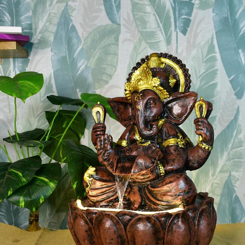 Mayii Brown Ganesha Water Fountain – Elegant Ganesha Sitting Waterfall for Spiritual Home Decor & Gifts