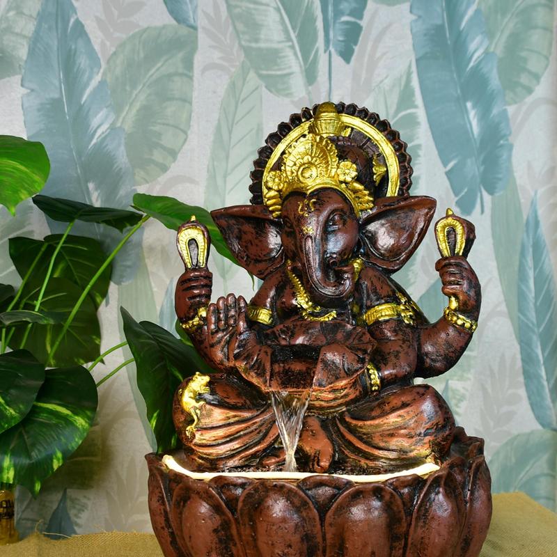 Mayii Brown Ganesha Water Fountain – Elegant Ganesha Sitting Waterfall for Spiritual Home Decor & Gifts