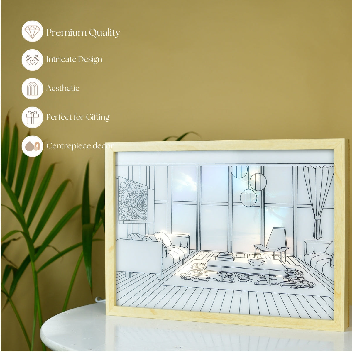 Mayii Illuminated Hall Room Frame – LED Landscape Photo Frame with Sofas, Carpet & Balcony for Chic Home Decor