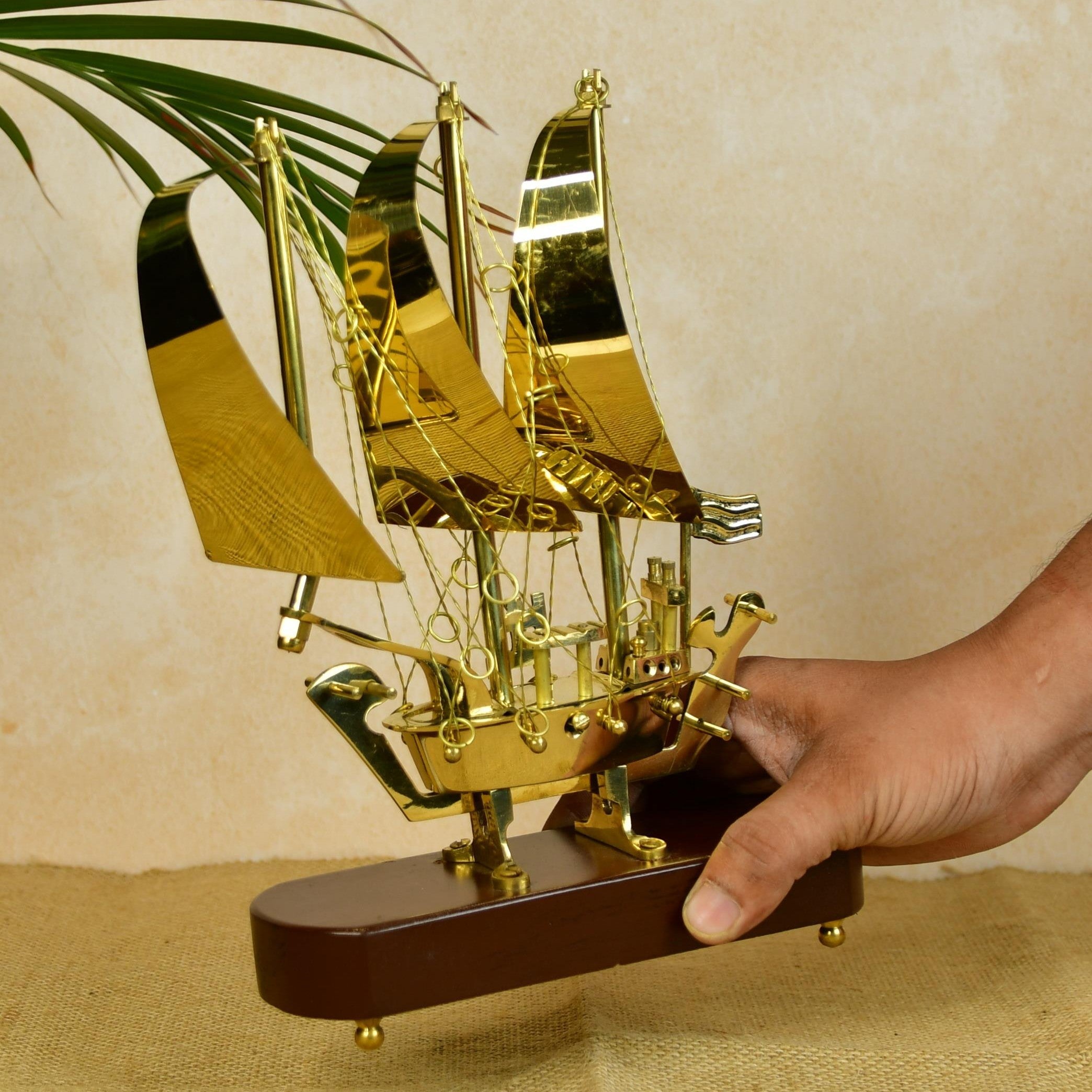 MAYII brass ship decor on wooden base table top with detailed sails and rigging