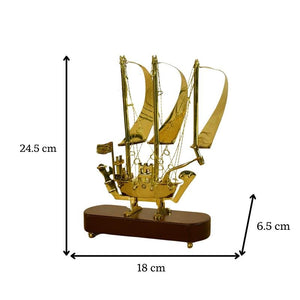 MAYII brass ship decor tabletop piece with detailed sails on wooden base measuring 24.5 cm tall