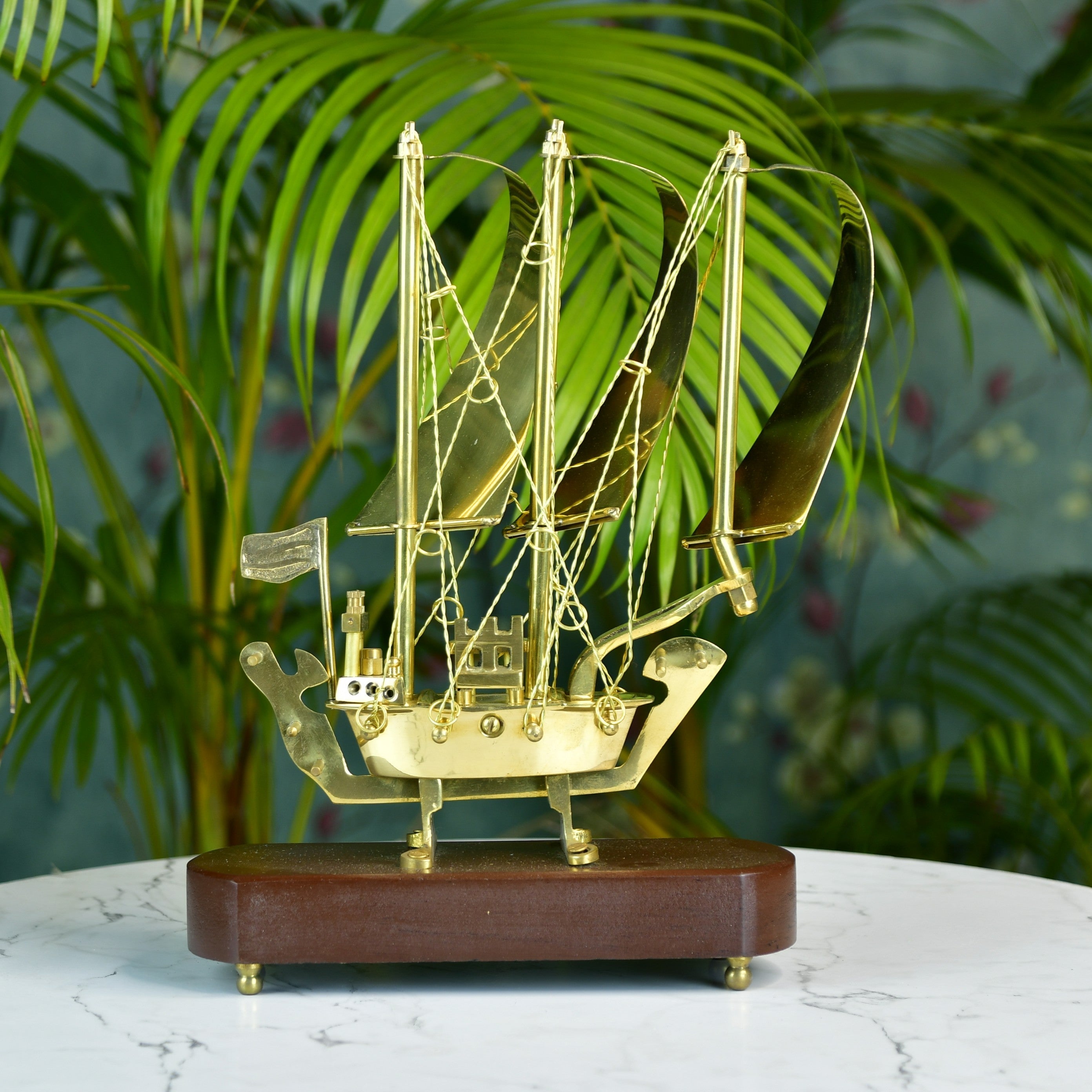 MAYII brass ship decor tabletop model with detailed sails and wooden base for nautical home accents