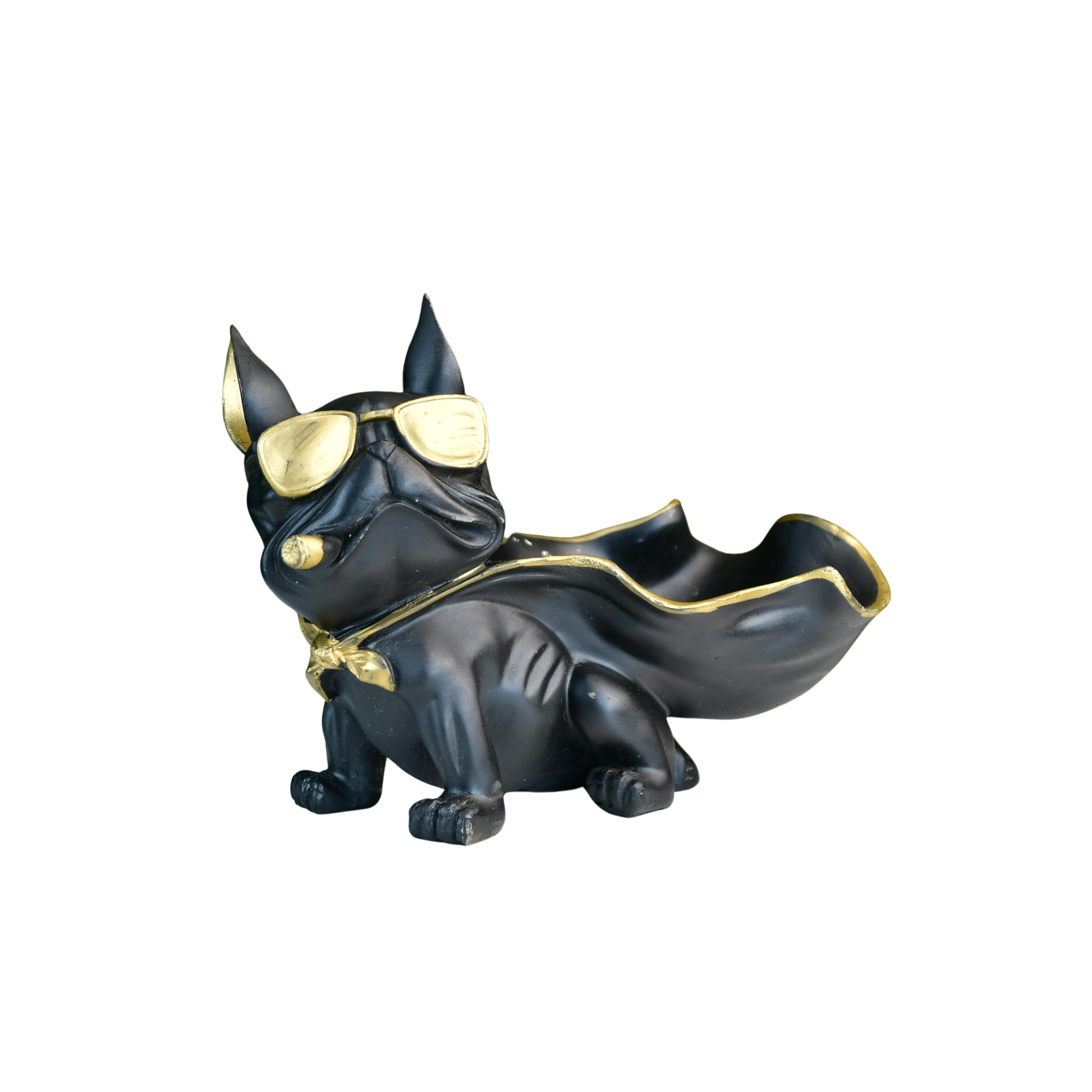 MAYII tabletop cape dog figurine decor in black and gold wearing sunglasses and a cape