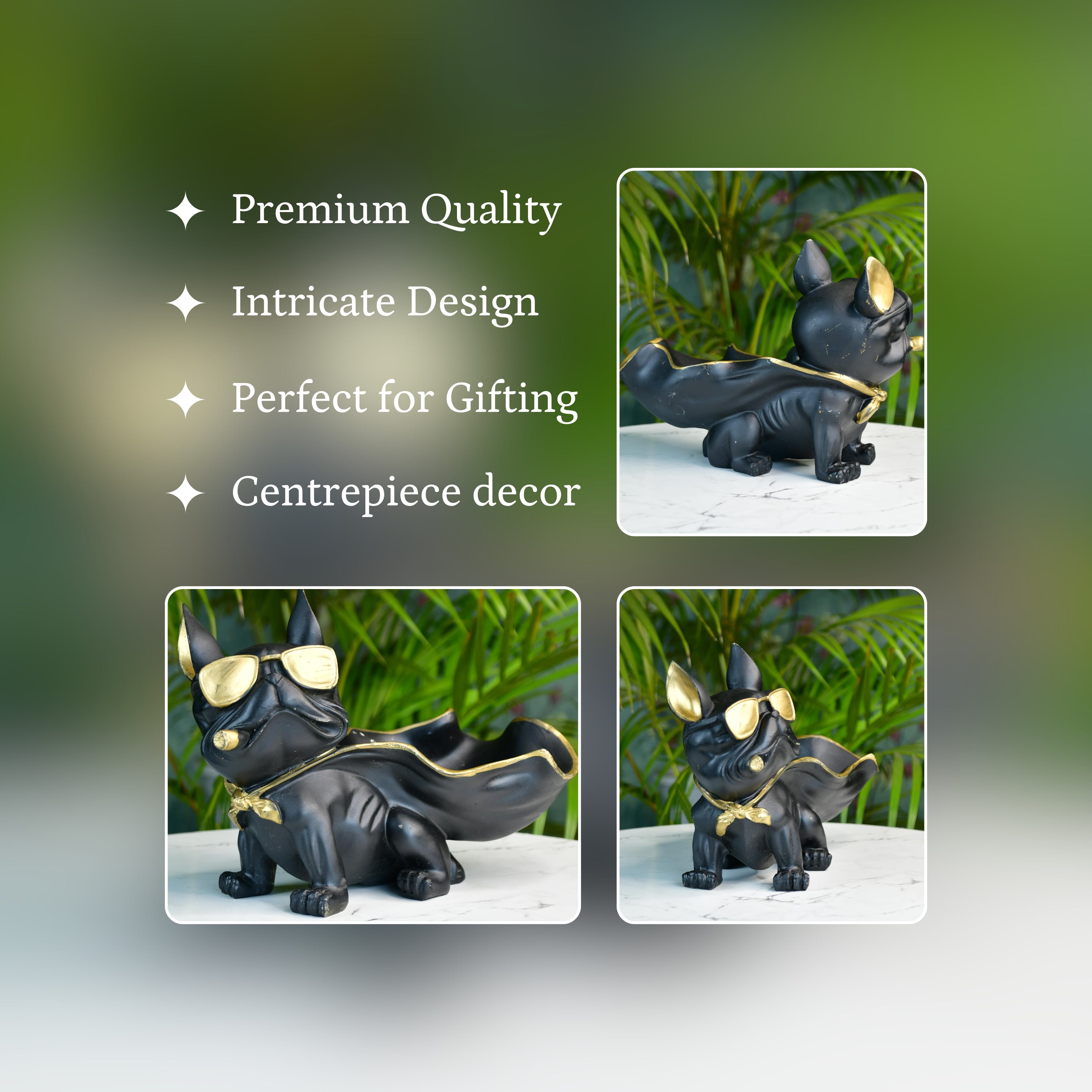 MAYII tabletop cape dog figurine decor in black with gold sunglasses and cape, intricate design