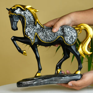 MAYII tabletop decorative horse sculpture for home in black gold and silver with ornate design