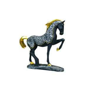 MAYII decorative horse sculpture for home in black with gold accents and intricate silver patterns