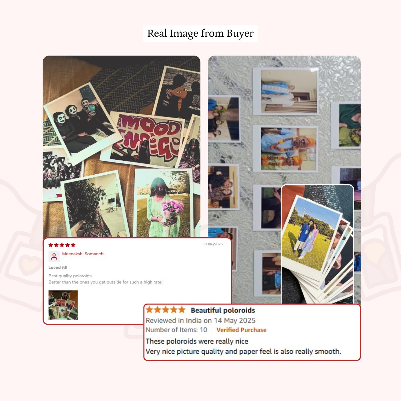 Mayii custom polaroid prints showing a variety of colorful personal photos arranged on different surfaces