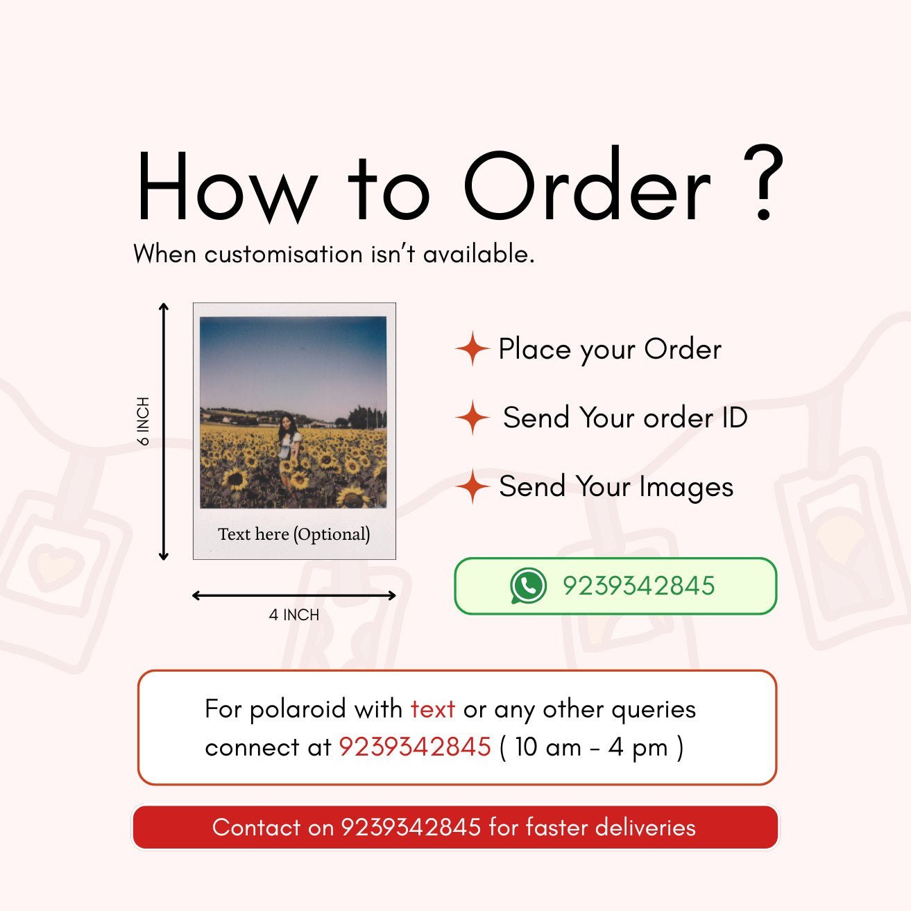 Mayii custom polaroid prints ordering instructions with image size details and contact information
