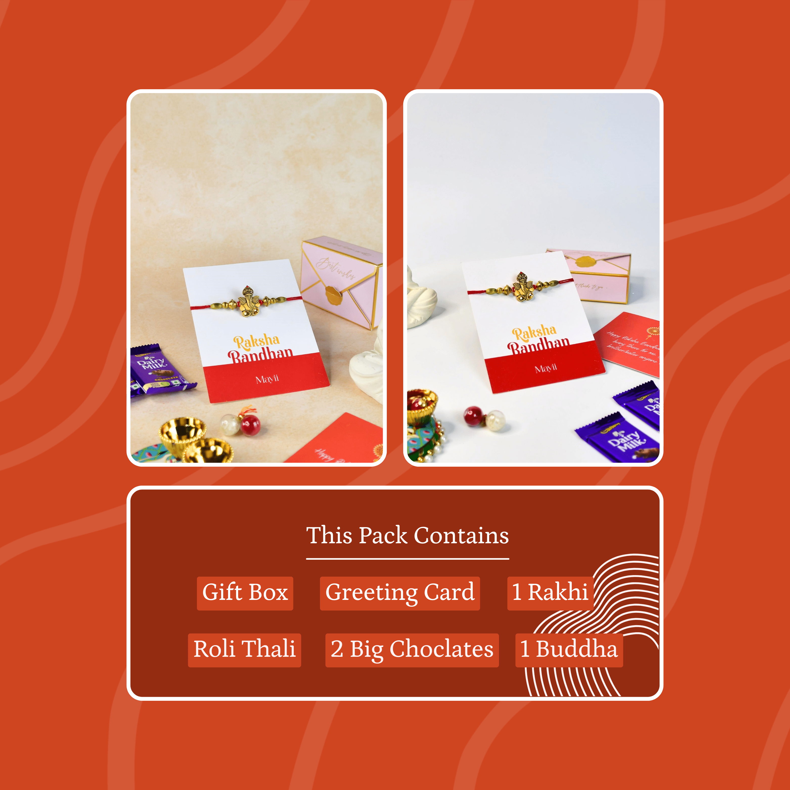 Mayii Exquisite Golden Ganesha Rakhi Pack of 1 with Roli Chawal and Greeting card combo for Raksha Bandhan and Gifting - Mayii - Mayii