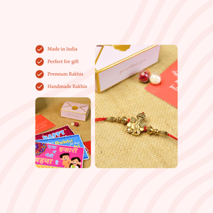 Mayii Exquisite Golden Ganesha Rakhi Pack of 1 with Roli Chawal and Greeting card combo for Raksha Bandhan and Gifting - Mayii - Mayii
