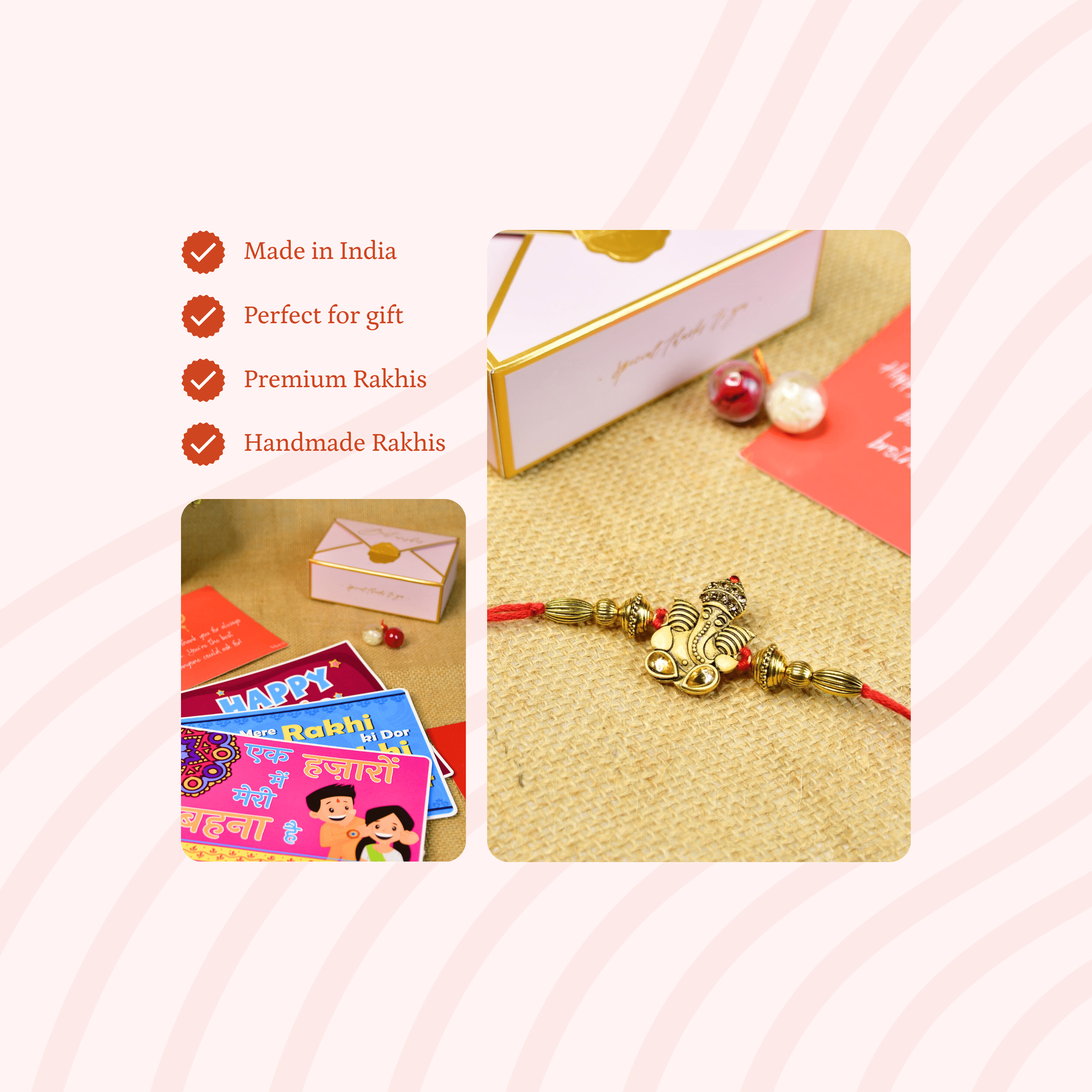 Mayii Exquisite Golden Ganesha Rakhi Pack of 1 with Roli Chawal and Greeting card combo for Raksha Bandhan and Gifting - Mayii - Mayii