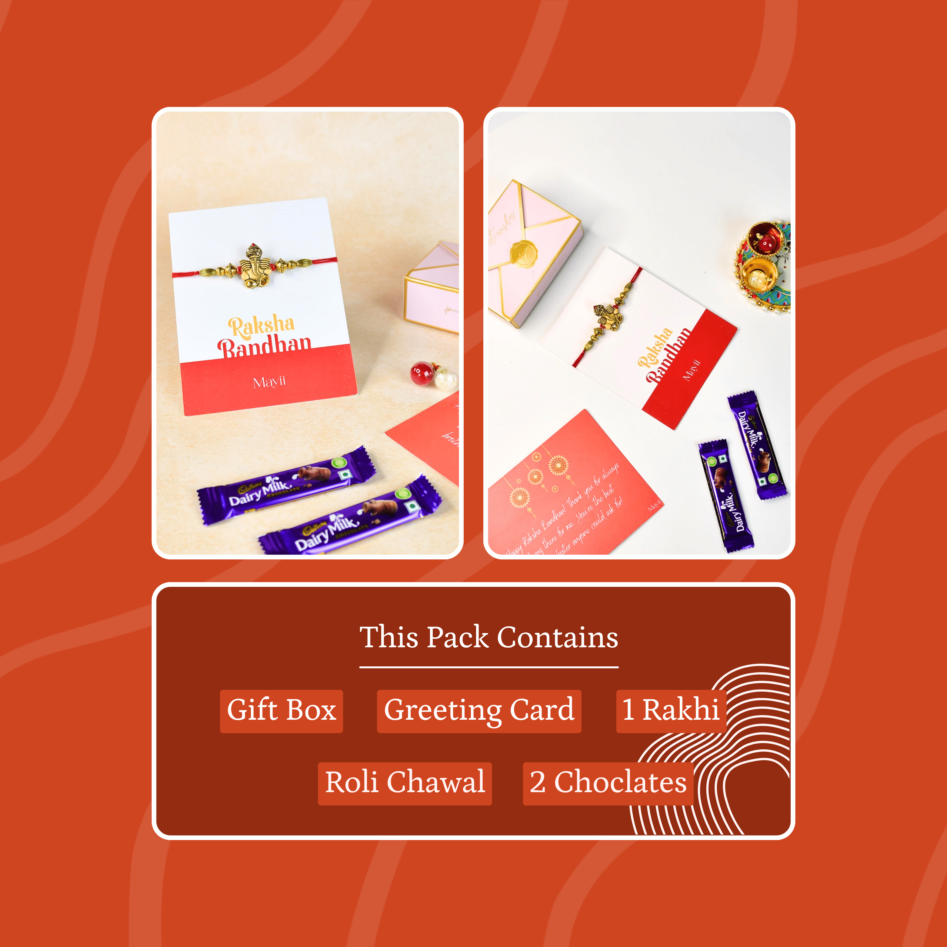 Mayii Exquisite Golden Ganesha Rakhi Pack of 1 with Roli Chawal and Greeting card combo for Raksha Bandhan and Gifting - Mayii - Mayii